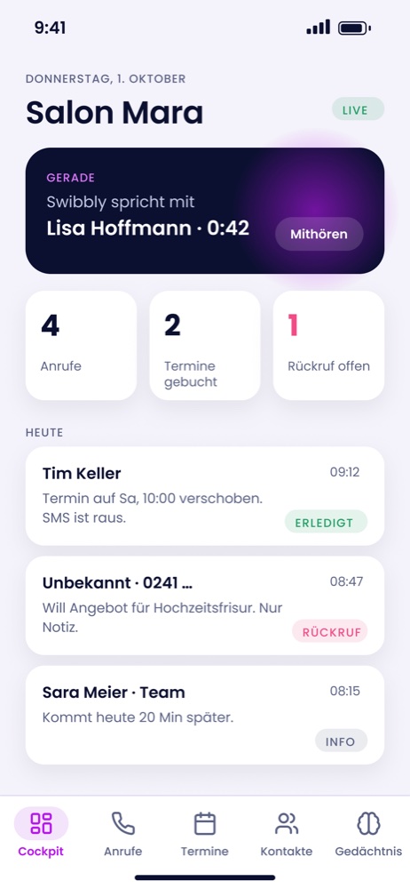 Swibbly-App, Cockpit von Salon Mara: Swibbly spricht gerade mit einer Kundin.
